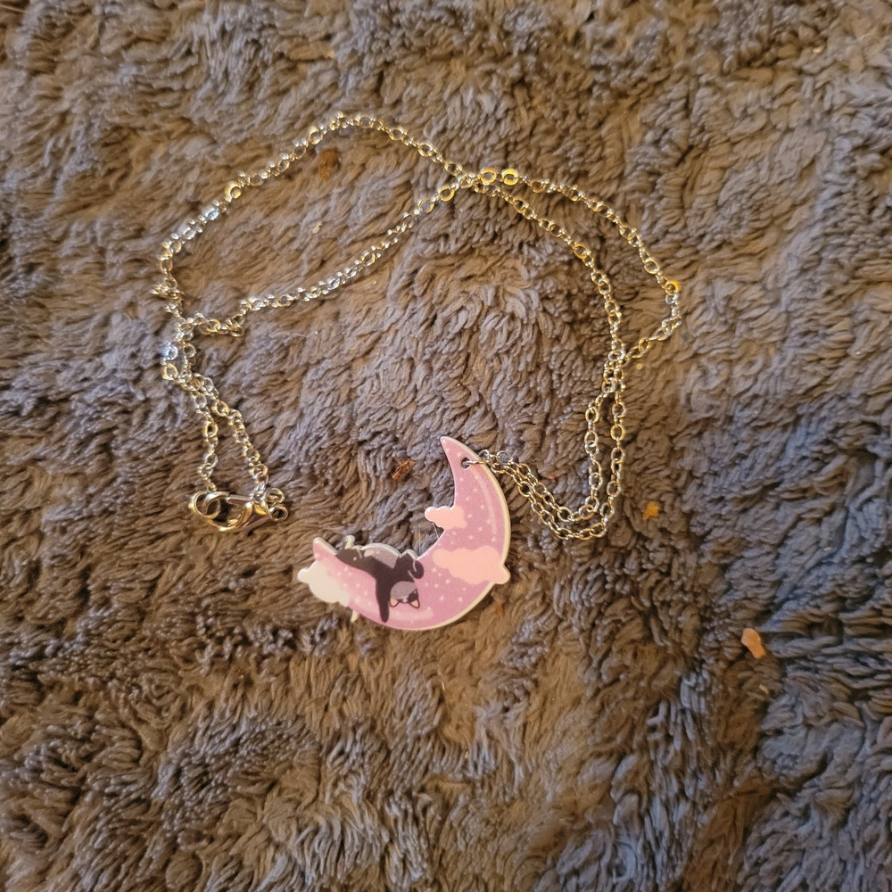 Pink Crescent Moon Cat Pendant Necklace - Women Jewelry